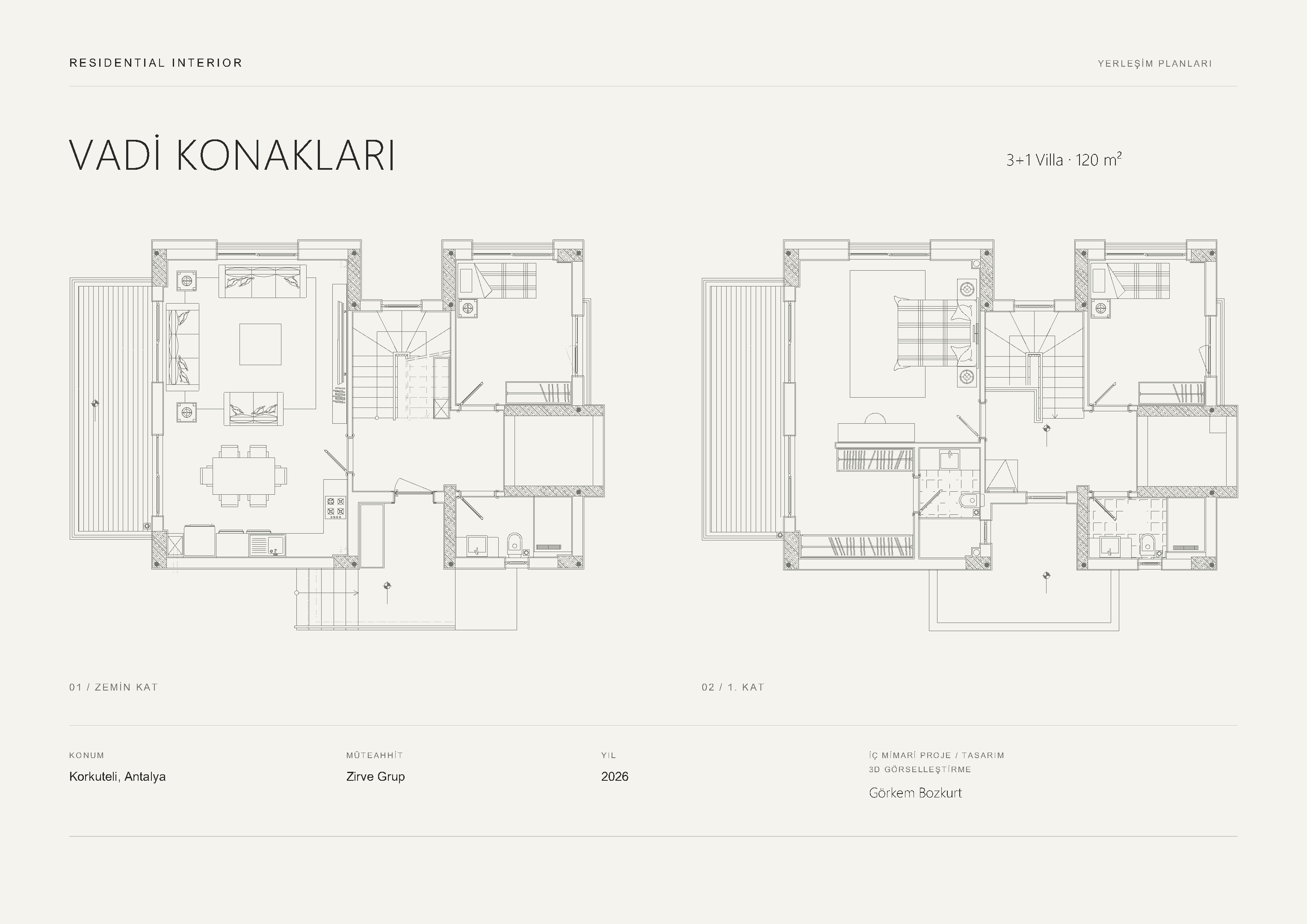 Vadi Konakları — 3+1 villa, 120 m²; zemin kat ve birinci kat yerleşim planları